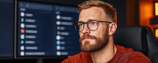 A focused man with glasses sits at a computer, observing multiple screens displaying data or information in a dimly lit environment.