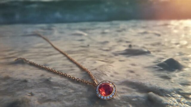 A delicate rose gold necklace with a vibrant ruby pendant rests on the soft sand as the waves gently wash ashore.