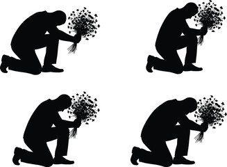 Silhouette of man kneeling and holding bouquet of flowers, expressing love, apology, sadness, devotion, emotions, romance, and heartfelt gesture.