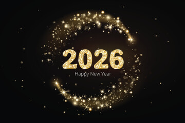 Golden glitter 2026 numbers with magic glow and sparkles on black background. Festive design for New Year calendar covers, celebration banners, or party invitations.