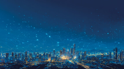 Obraz premium Sunshine in the Smart digital Innovation city with connection network reciprocity over the cityscape. of future smart wireless digital city and social media networking systems that connects