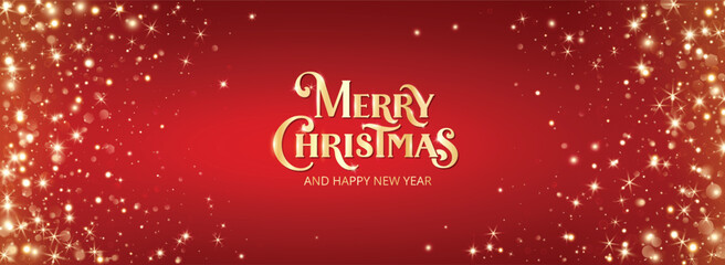 Merry Christmas lettering with golden glitter lights and sparkles on red background. Festive holiday design for greeting cards, invitations, banners, posters, and winter celebration.