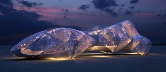 Futuristic translucent structure, illuminated internally, rests on a flat, light-colored surface under a twilight sky
