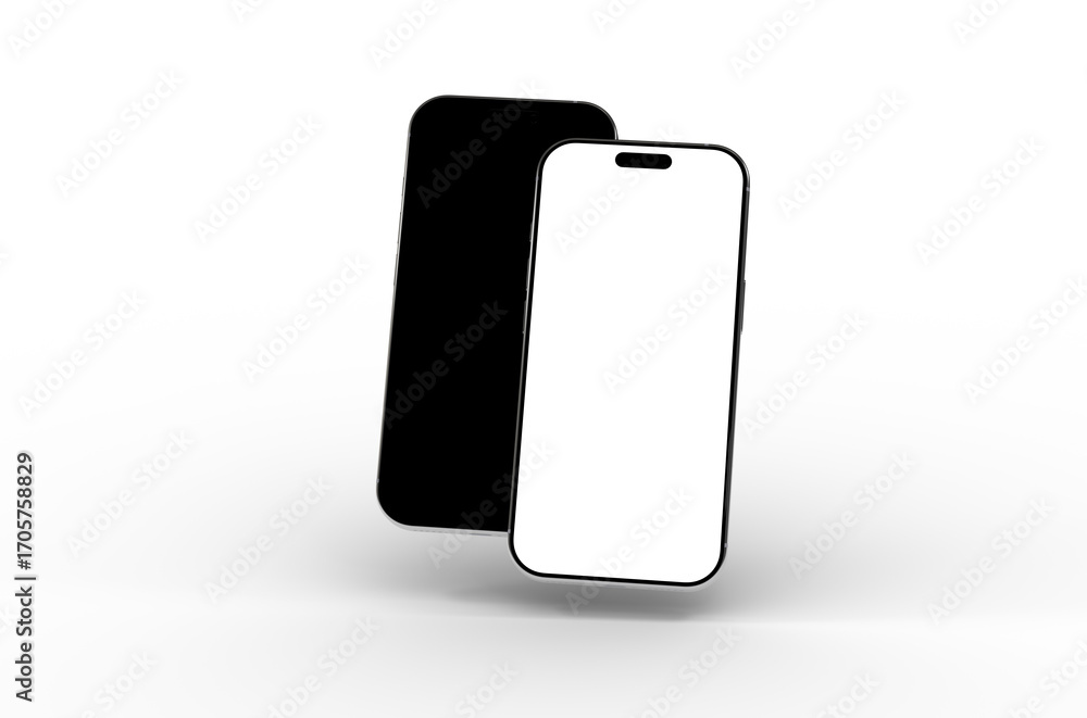 Poster high-quality 3d render of two smartphones, one with a black screen and one with a white screen. perf