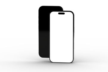 High-quality image of two black smartphones, one with a blank screen. Perfect for app presentations, website design, and technology m