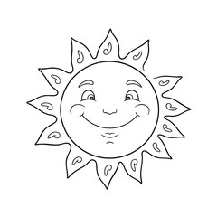 A simple black and white line art illustration of a smiling cartoon sun with a friendly face and decorative rays.