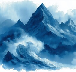 Abstract watercolor illustration of a mountain storm with peaks dissolving into swirling clouds, vintage style artwork suitable for prints, posters, or creative projects