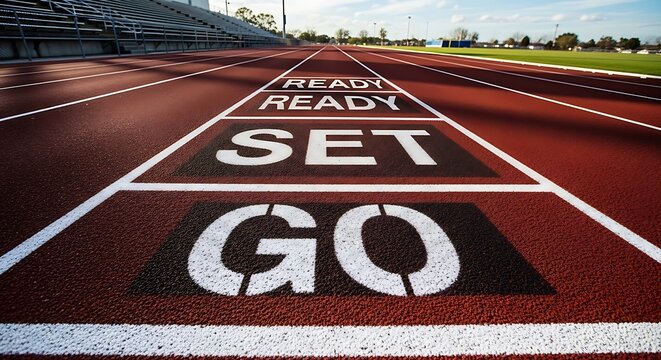 Running track with READY SET GO painted on the lanes, symbolizing the start of a race or new beginning.