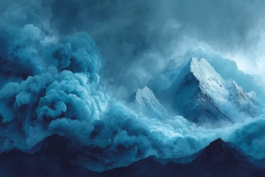 Abstract watercolor illustration of a mountain storm with peaks dissolving into swirling clouds, vintage style artwork suitable for prints, posters, or creative projects