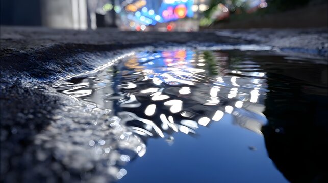 Calm water reflects the vibrant lights and colors of a city skyline at night, creating a serene and atmospheric scene. - Powered by Adobe