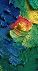 Obraz premium Impasto painting with vibrant blues, greens, yellows, and reds swirling together in thick, textured brushstrokes