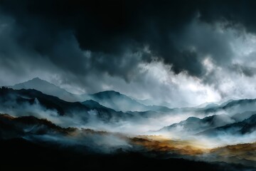 Fototapeta premium Abstract watercolor illustration of a mountain storm with peaks dissolving into swirling clouds, vintage style artwork suitable for prints, posters, or creative projects
