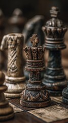 Fototapeta premium Close-up of an intricately carved, aged chess queen piece, positioned centrally on a dark wooden chessboard, surrounded by other weathered chess pieces, suggesting a game in progress or a still life