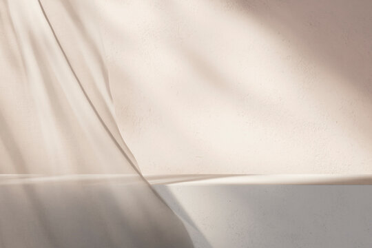 Empty interior room table for beauty and fashion brand display. Autumn background scene with curtains and shadow on the wall mockup. Home decor aesthetic.