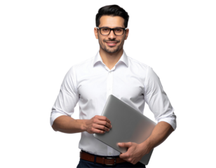 Male teacher holding laptop, standing isolated on a transparent background, PNG