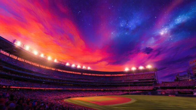 Vibrant sunset over a bustling baseball stadium filled with fans, showcasing an electrifying atmosphere - Powered by Adobe