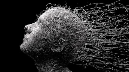 Human head composed of flowing lines against black