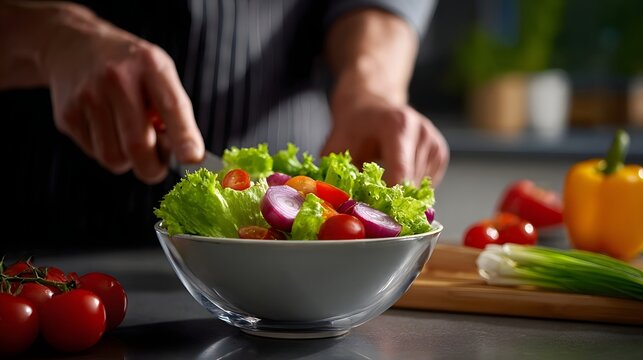 A close-up view of a chef's hands arranging a colorful and nutritious vegetable salad in a glass bowl on a kitchen counter, with various fresh ingredients like lettuce, tomatoes.