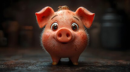 A charming cartoon piglet with wide curious eyes and a happy expression looking forward