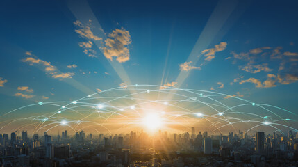Fototapeta premium Sunshine in the Smart digital Innovation city with connection network reciprocity over the cityscape. of future smart wireless digital city and social media networking systems that connects