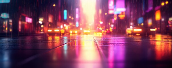 Fototapeta premium A vibrant city scene with reflections on wet pavement, illuminated by colorful neon lights and rain, creating a lively urban atmosphere.