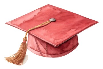 Watercolor red graduation cap gold tassel white background isolated in the white background
