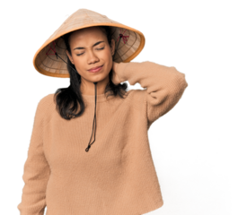 Young Filipina with Vietnamese hat having a neck pain due to stress, massaging and touching it with hand.