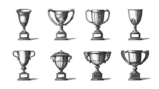 Winning trophy hand drawn linocut grunge texture award vintage champion graphic art isolated on white background
