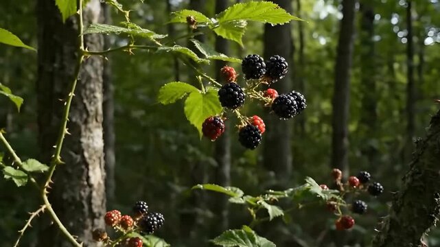 A close-up of wild blackberries ripening on a thorny bramble bush in a sunlit forest with a soft focus background