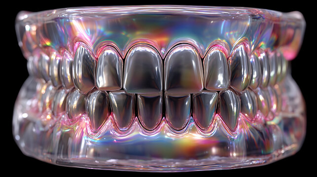 Transparent 3D Jaw with Silver Teeth &ndash; Holographic Glass Skull Anatomy Concept on black Background