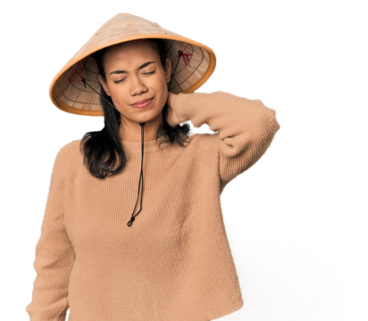Young Filipina with Vietnamese hat having a neck pain due to stress, massaging and touching it with hand.