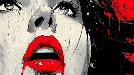 Dramatic Woman’s Face with Red Lips and Blood Splatters in Horror Comic Style
