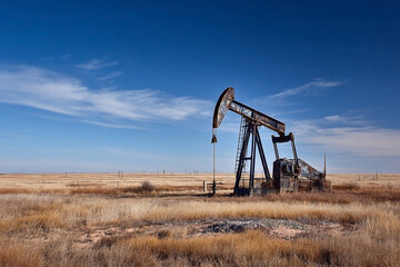 Solitary Oil Derrick Extracting Resources Under a vast Sky in an arid Landscape
