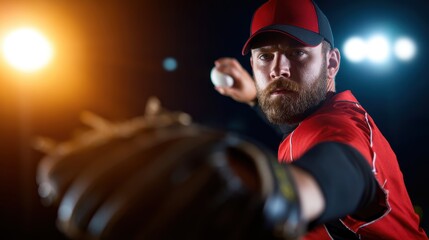 Intense baseball pitcher in action at night, illuminated by stadium lights, focusing on the throw