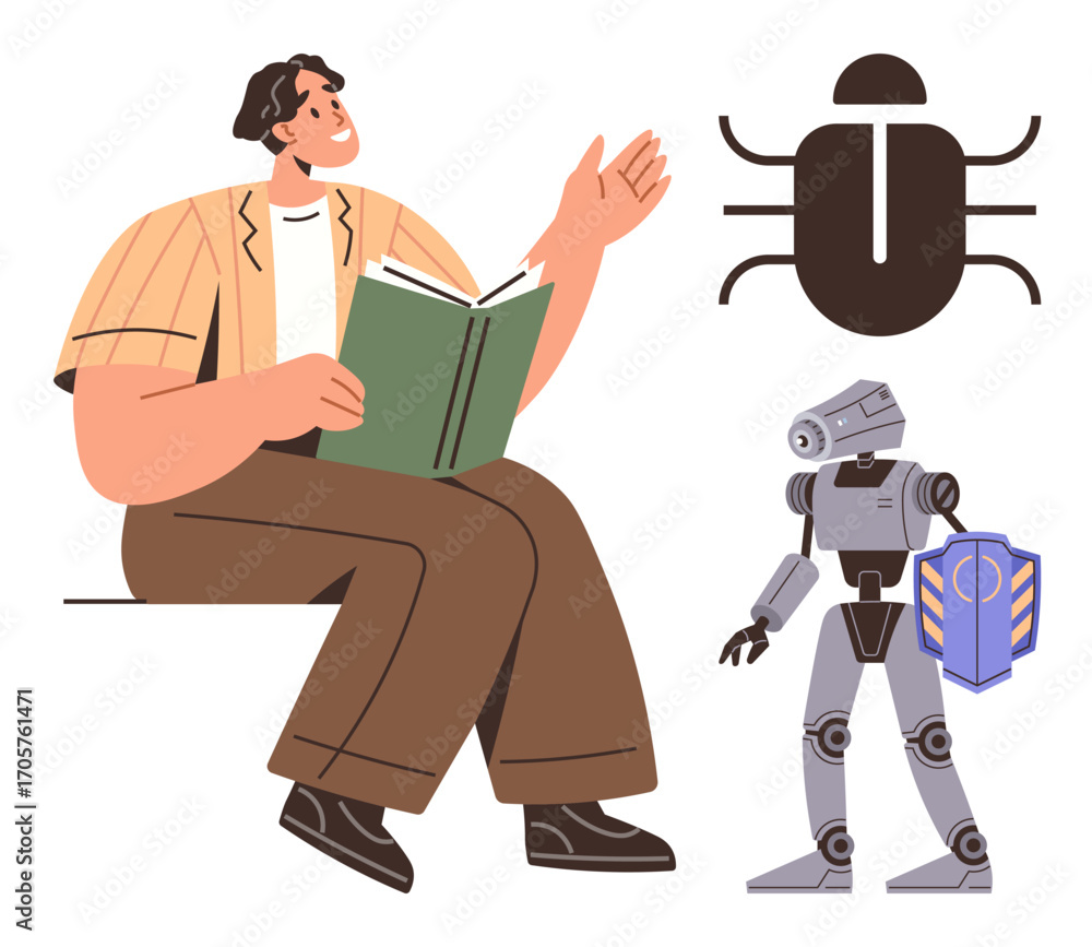 Aufkleber person holding book, robot with shield symbolizing cybersecurity, and bug graphic for coding. ideal 