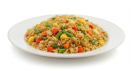 Fried Rice Dish with Colorful Vegetables on White Plate, Clean Food Photography