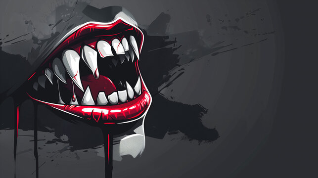Open Vampire Mouth with Bloody Fangs and Red Lips on Dark Background &ndash; Horror Comic Style Artwork