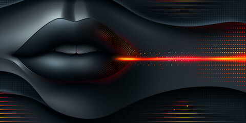 Digital Background with Silhouette of Female Lips and Red Stripe in Futuristic Abstract Style
