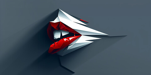 Abstract Red Lips with Fangs Emerging from Sharp Paper Cut on Grey Background – 3D Vampire Concept in Minimal Dark Style