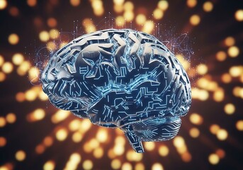 Abstract digital illustration of a metallic brain with glowing blue circuits and bokeh lights in the background, representing artificial intelligence and technology