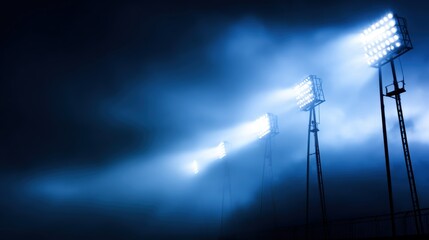 Bright floodlights illuminate a darkened sports field, creating a dramatic atmosphere at night