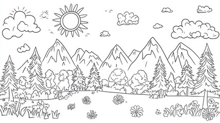 Line drawing mountain landscape