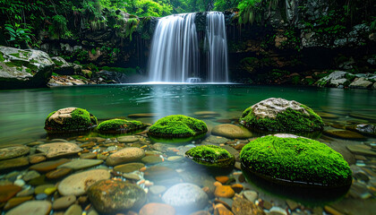 Serene Waterfall Cascade with Mossy Rocks and Clear Pool