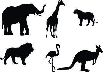 Silhouette Vector of Wild Safari Animals Including Lion, Elephant, Giraffe, Kangaroo, Flamingo, and Panther on White Background