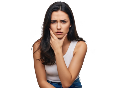 Thoughtful woman with hand on chin isolated on transparent background
