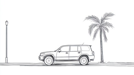 Sketch drawing of suv in tropical setting