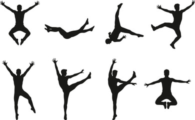 Silhouette Vector Set of Male Ballet Dancers Performing Various Dance Poses and Acrobatics in Dynamic Jumping and Balancing Movements