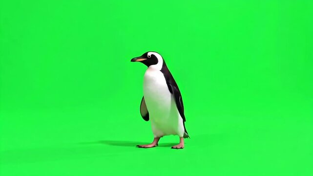 Charming penguin waddles dynamically across vibrant green screen for creative projects