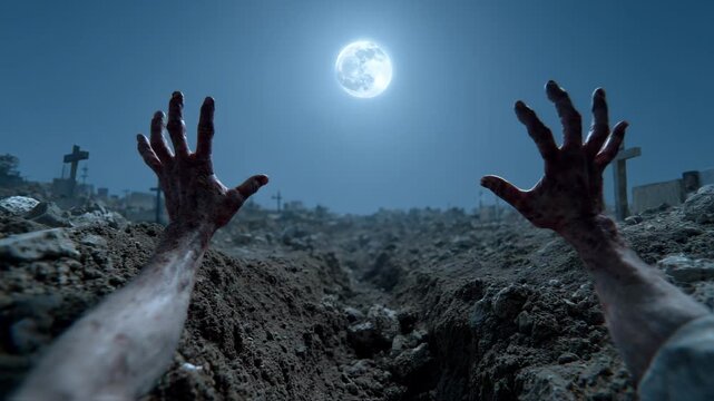 Zombie hands are rising from a grave in a cemetery under the full moon, creating a terrifying resurrection scene for a halloween apocalypse concept