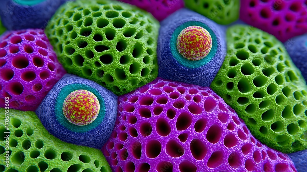 Poster visually stunning, magnified view of intricate, colorful cellular structures and patterns found in t